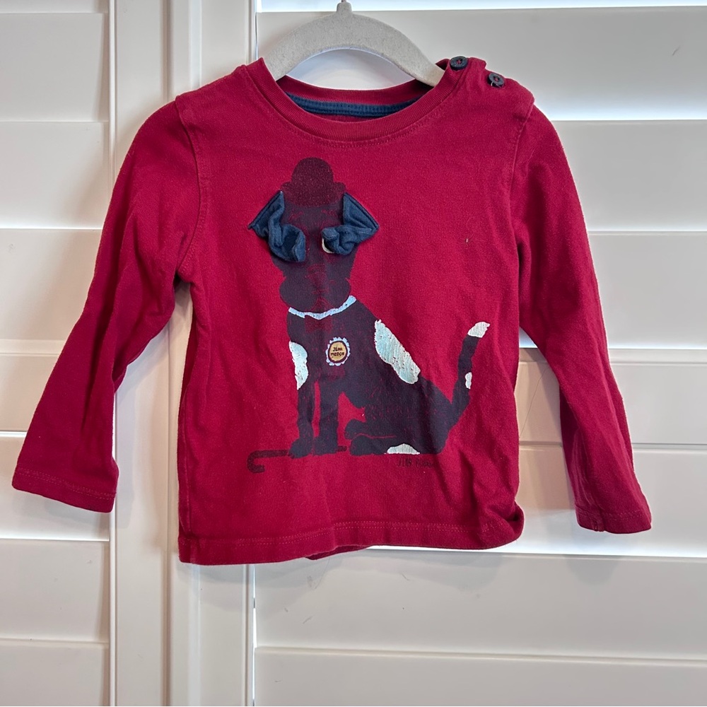 Maison Jean Bourget Puppy Dog Appliqué Long Sleeved Tee Shirt Red 2T